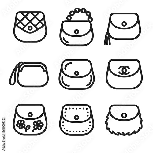Fashion Coin Purse Icons. Outline icon set of fashion coin purses: quilted leather, chain strap, tassel pull, mini wristlet,