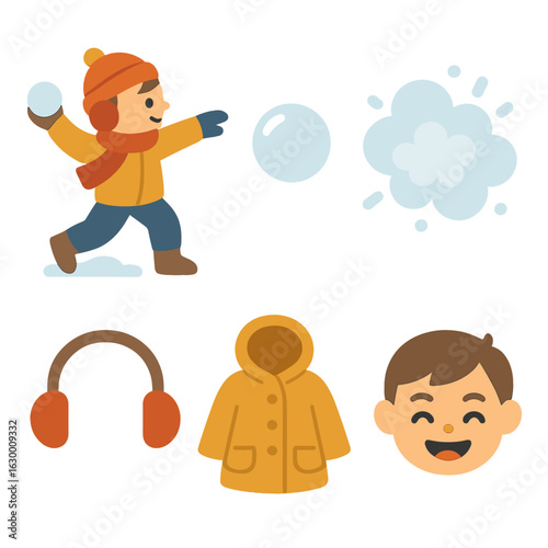 Snowball Fight Fun. Flat vector mini-illustrations of snowball fight in colors children’s illustrations: child throwing snowball,