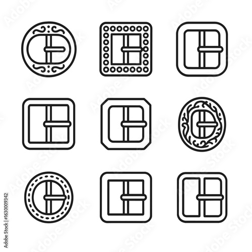 Fashion Buckles Icons. Outline icon set of fashion buckles: decorative buckle, jeweled buckle, oversized buckle, vintage buckle,