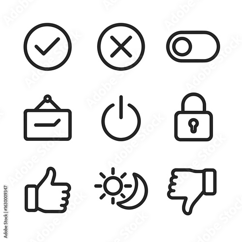Binary Options Icons. Outline icon set of binary options: yes icon, no icon, check/cross, on/off switch, open/close sign, power