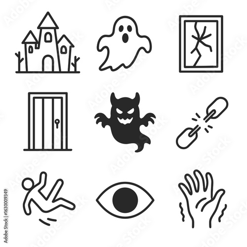 Fear Icon Set. Outline icon set of fear and darkness: haunted house, ghost, cracked mirror, locked door, shadow monster, broken