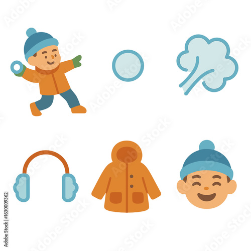 Snowball Fight Fun. Flat vector mini-illustrations of snowball fight in colors children’s illustrations: child throwing snowball,