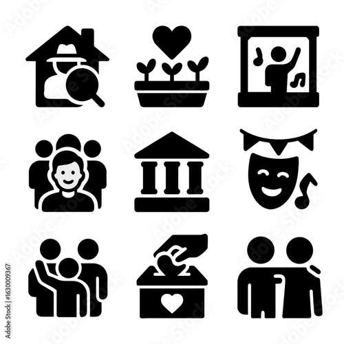 Community Icons Grid. Solid, filled icons set of community engagement: neighborhood watch, community garden,