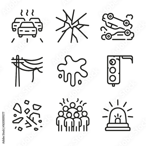 Urban Chaos Icons. Outline icon set of chaos in urban environment: traffic jam, shattered glass, overturned cars, graffiti