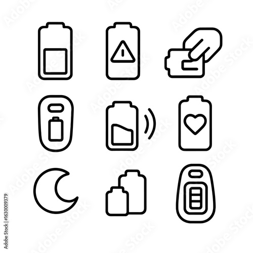 Key Fob Battery Icons. Outline icon set of key fob battery management: battery icon, low battery alert, replace battery action,