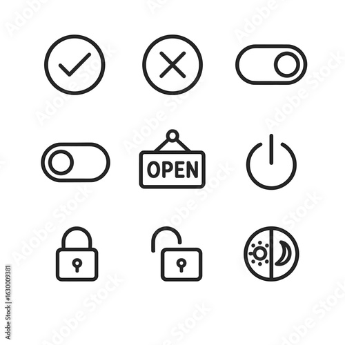 Binary Options Icons. Outline icon set of binary options: yes icon, no icon, check/cross, on/off switch, open/close sign, power