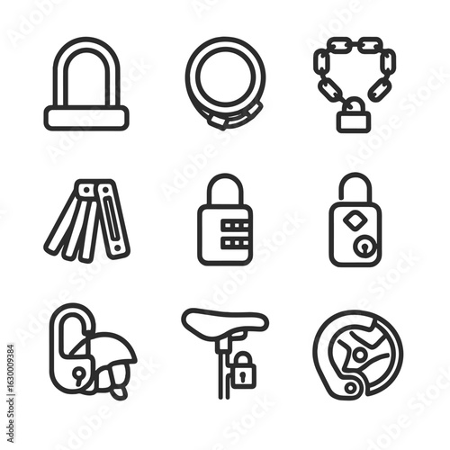 Bike and Luggage Locks. Outline icon set of bike and luggage locks: U-lock, cable lock, chain lock, folding lock, luggage lock,