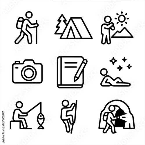 Journey Experience Icons. Outline icon set of journey experiences: hiking, camping, sightseeing, photography, journaling, star