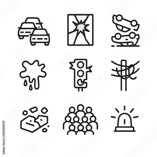 Urban Chaos Icons. Outline icon set of chaos in urban environment: traffic jam, shattered glass, overturned cars, graffiti