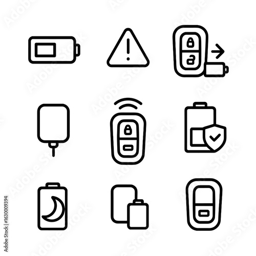 Key Fob Battery Icons. Outline icon set of key fob battery management: battery icon, low battery alert, replace battery action,