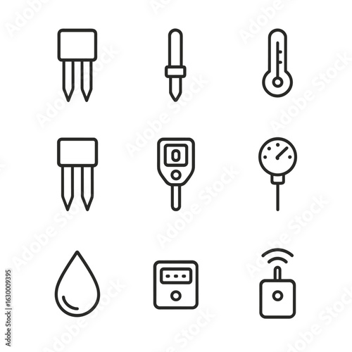 Soil Monitoring Icons. Outline icon set of soil monitoring sensors: soil moisture probe, pH sensor, temperature probe, nutrient