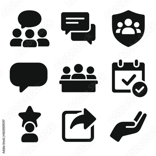Community Icons Grid. Solid, filled icons set of community engagement: group chat, forum thread, community