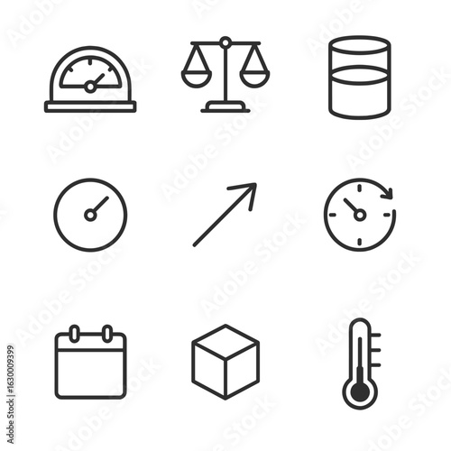 Jupiter System Metrics Icons. Outline icon set of Jupiter system scale metrics: equatorial radius gauge, mass scale icon, volume