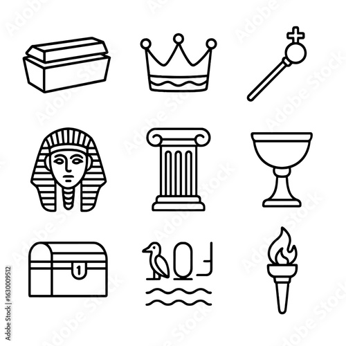 King's Tomb Icons. Outline icon set of king’s tomb elements: stone sarcophagus, ancient crown, royal scepter, burial mask, carved