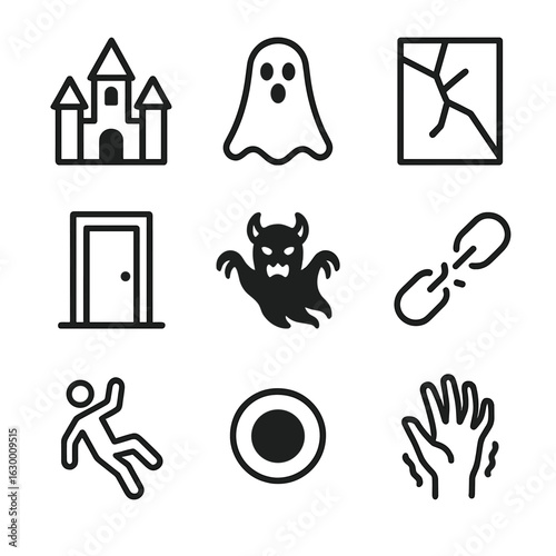 Fear Icon Set. Outline icon set of fear and darkness: haunted house, ghost, cracked mirror, locked door, shadow monster, broken
