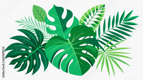 Vector art of a vibrant illustration of various green tropical leaves, including monstera and fern, arranged in a lush bouquet against a clean white background, perfect for naturethemed designs