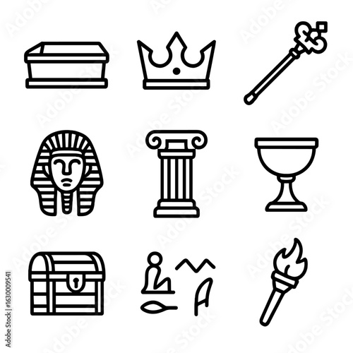 King's Tomb Icons. Outline icon set of king’s tomb elements: stone sarcophagus, ancient crown, royal scepter, burial mask, carved