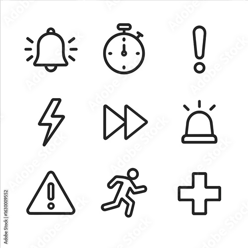 Urgency Icons Grid. Outline icon set of urgency: alarm bell, stopwatch, exclamation mark, lightning bolt, fast forward, siren,