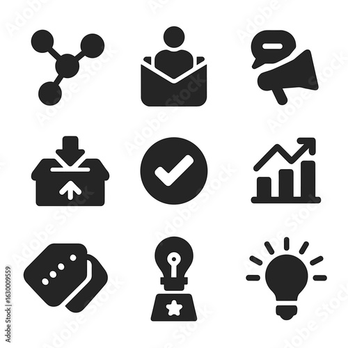 Community Innovation Icons. Solid, filled icons set of innovation through community input: connected dots,