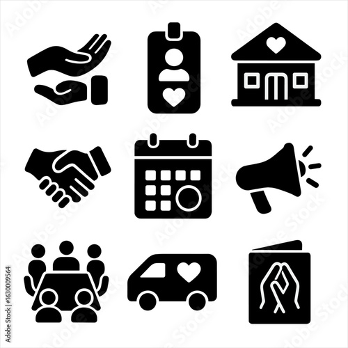 Community Leaders Icons. Solid, filled icons set of community leaders: helping hands, volunteer badge,