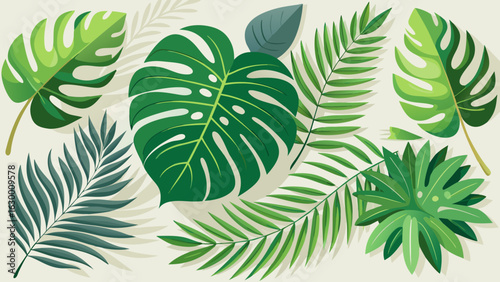 Vector art of assortment of vibrant green tropical leaves, featuring monstera and fern varieties, arranged on a light background for decorative use