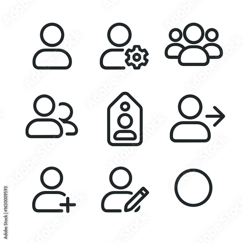 User Account Icons. Outline icon set of user accounts: profile icon, settings gear, user group, account switch, user tag, logout