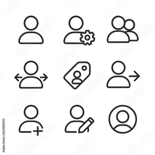 User Account Icons. Outline icon set of user accounts: profile icon, settings gear, user group, account switch, user tag, logout