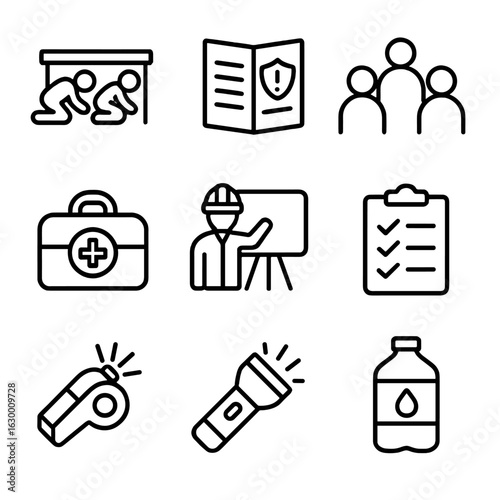 Community Safety Icons. Outline icon set of community disaster preparedness: emergency drill, safety pamphlet,