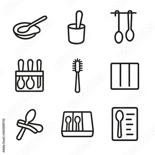 Kitchen Utensil Icons. Outline icon set of tablespoon accessories: spoon rest, spoon holder, hanging hook, utensil organizer,