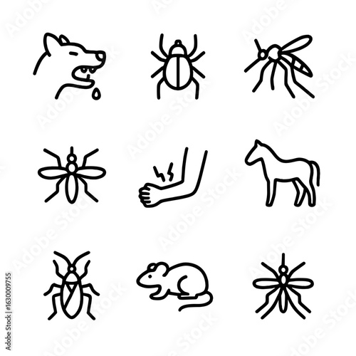 Bite Disease Icons. Outline icon set of bite related diseases: rabies, Lyme disease, malaria, dengue fever, tetanus, West Nile
