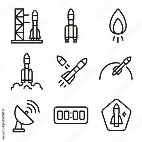 Spacecraft Launch Icons. Outline icon set of spacecraft launch sequence: launchpad platform, rocket booster, ignition flame, smoke