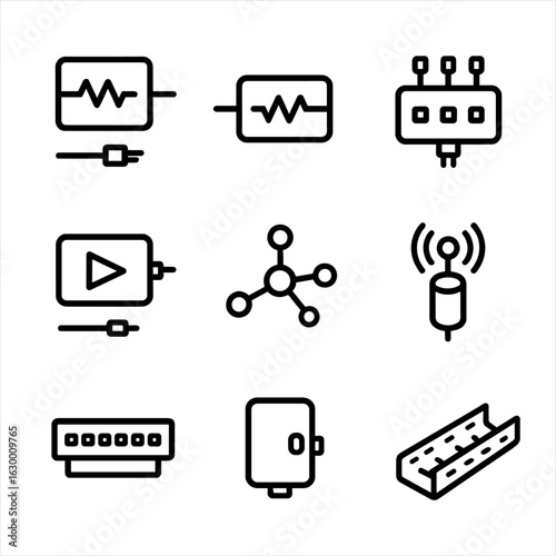 Fiber Network Icon Set. Outline icon set of fiber network components: optical transmitter, optical receiver, fiber switch, fiber