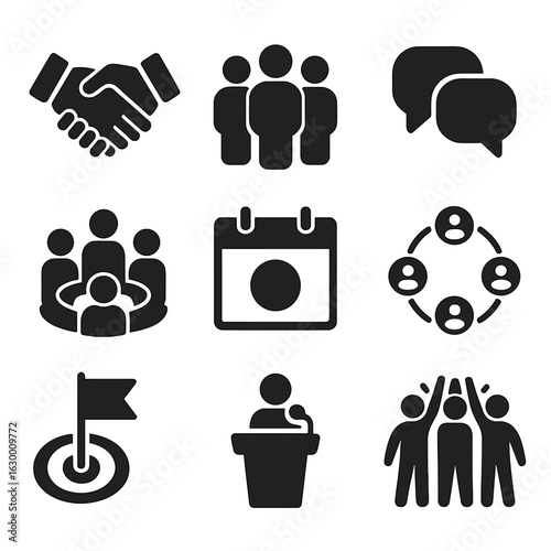 Community Support Icons. Solid, filled icons set of community support and networking: handshake, group of