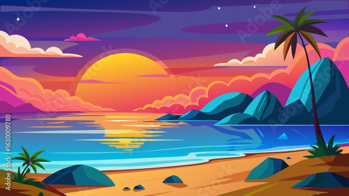 Vector art of exotic beach scene at twilight with a large, glowing sun setting over the tranquil sea, framed by silhouetted mountains and lush palm trees under a colorful sky