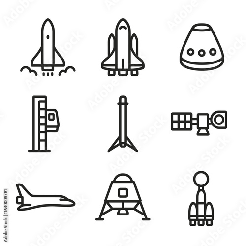 Spacecraft Icon Set. Outline icon set of spacecraft and launch vehicles: rocket launch, space shuttle, crew capsule, space