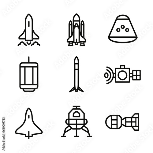 Spacecraft Icon Set. Outline icon set of spacecraft and launch vehicles: rocket launch, space shuttle, crew capsule, space