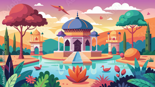 Vector art of beautiful indian architectural landmark with a central dome and minarets, surrounded by a serene water body with lotus flowers and ducks, set amidst lush greenery and trees