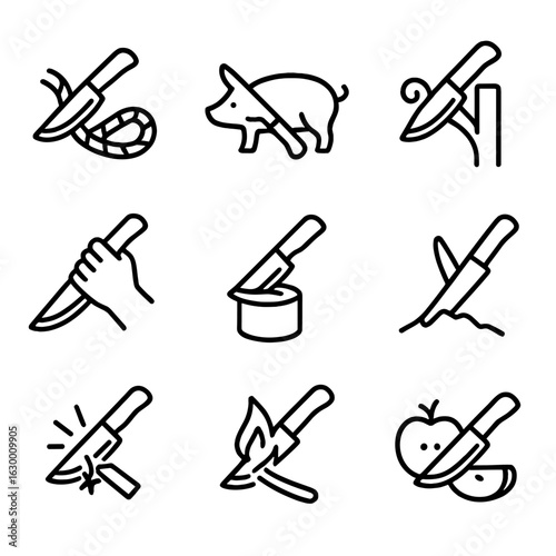 Field Knife Icon Set. Outline icon set of field knife uses: cutting rope, skinning animal, carving wood, self-defense, opening