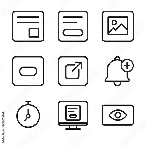 Black Line Notification Icons. Outline icon set of push message templates: title text field, body text field, image placeholder,