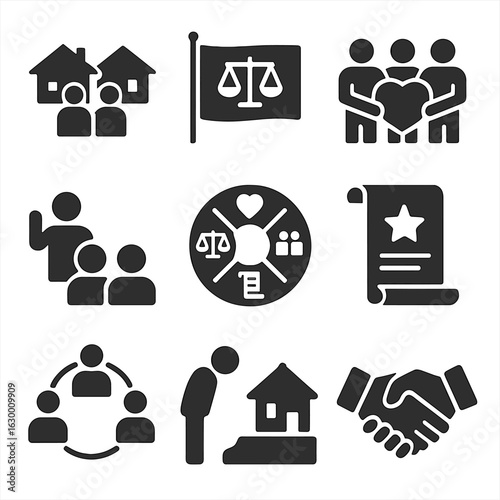 Community Values Icons. Solid, filled icons set of community values development: neighborhood unity icon,