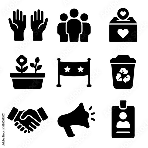 Community Volunteering Icons. Solid, filled icons set of community involvement and volunteering: helping hands