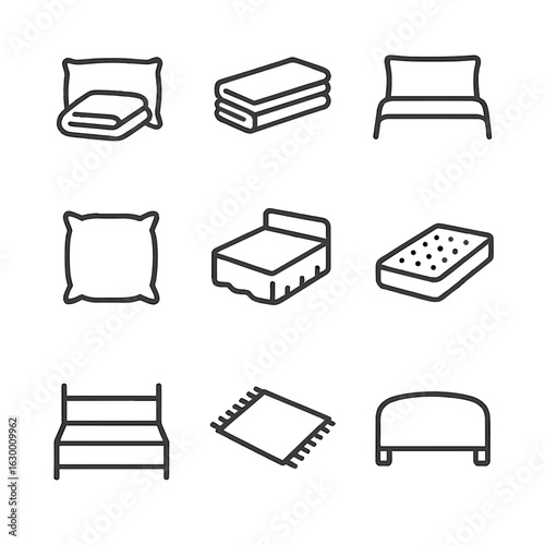 Blanket Icon Set. Outline icon set of blanket accessories: pillow with blanket, bed sheet set, duvet cover, throw pillow, bed