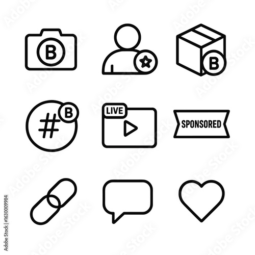 Sponsored Content Icons. Outline icon set of sponsored content creation: camera with brand logo, influencer silhouette, product