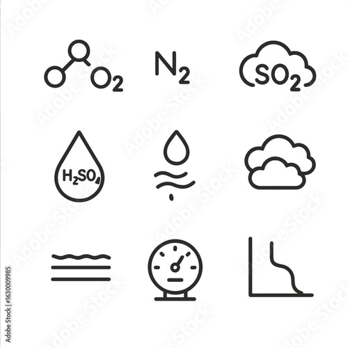 Venus Atmosphere Icons. Outline icon set of Venus atmosphere composition: carbon dioxide molecule, nitrogen molecule, sulfur