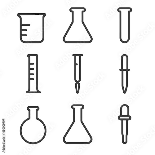 Lab Glassware Icons. Outline icon set of laboratory glassware: beaker, Erlenmeyer flask, test tube, graduated cylinder, burette,
