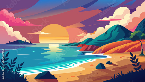 Vector art of colorful sunset over a tropical coastline with mountains, ocean waves, and a sandy beach, creating a serene atmosphere