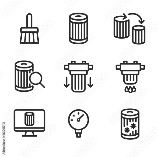 Filter Maintenance Icons. Outline icon set of filter maintenance: cleaning brush, replacement cartridge, filter change, inspection