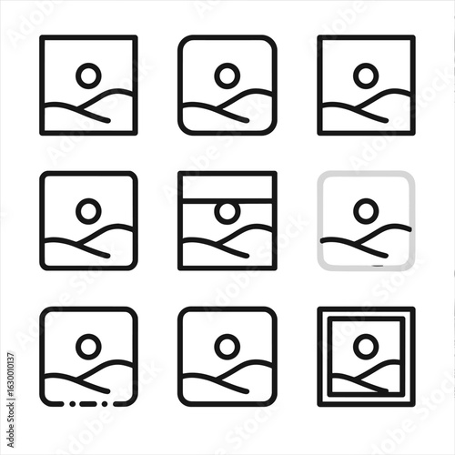 Landscape Vignette Icons. Outline icon set of landscape vignette treatments: horizon focus, corner darkening, center highlight,