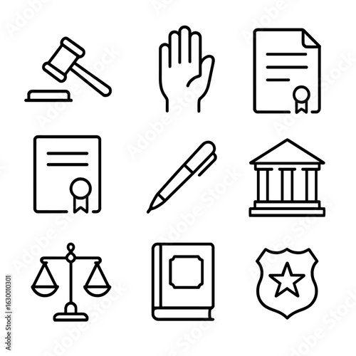 Legal Icons Set. Outline icon set of oath taking: judge gavel, oath hand raised, legal document, certificate, pen, courthouse,