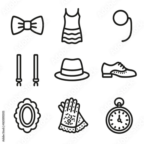Vintage Fashion Icons. Outline icon set of vintage fashion: bow tie, flapper dress, monocle, suspenders, retro hat, oxford shoes,
